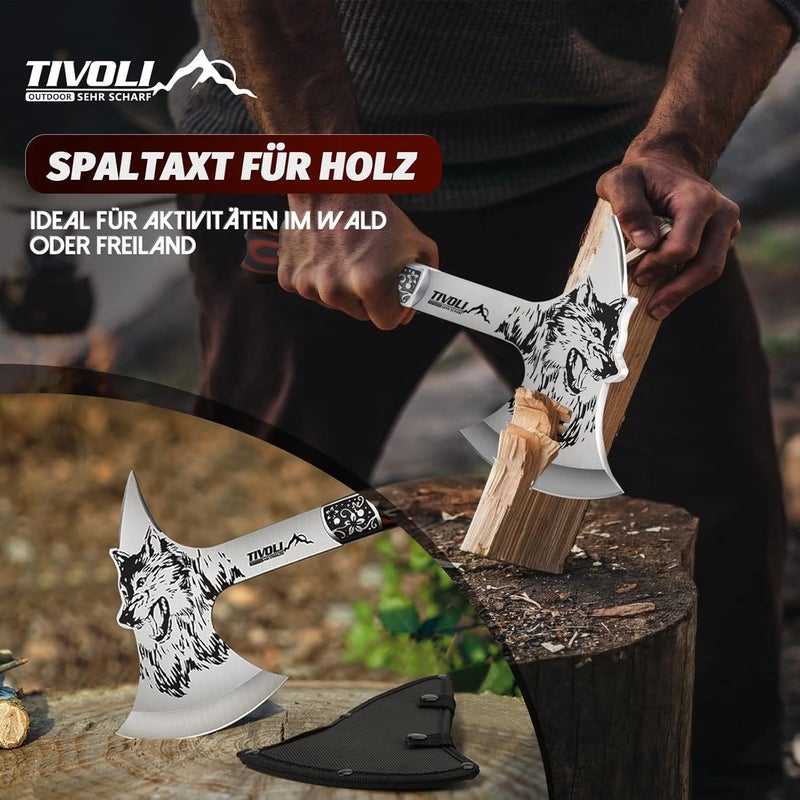 Tivoli 13" Camping Axe, Wolf - Patterned Survival Hatchet with Nylon Sheath, High Carbon Steel Blade Compact Outdoor Bushcraft Axe with Ergonomic Wood Grip, Camping Gear for Hiking, Chopping, Hunting - Image 3